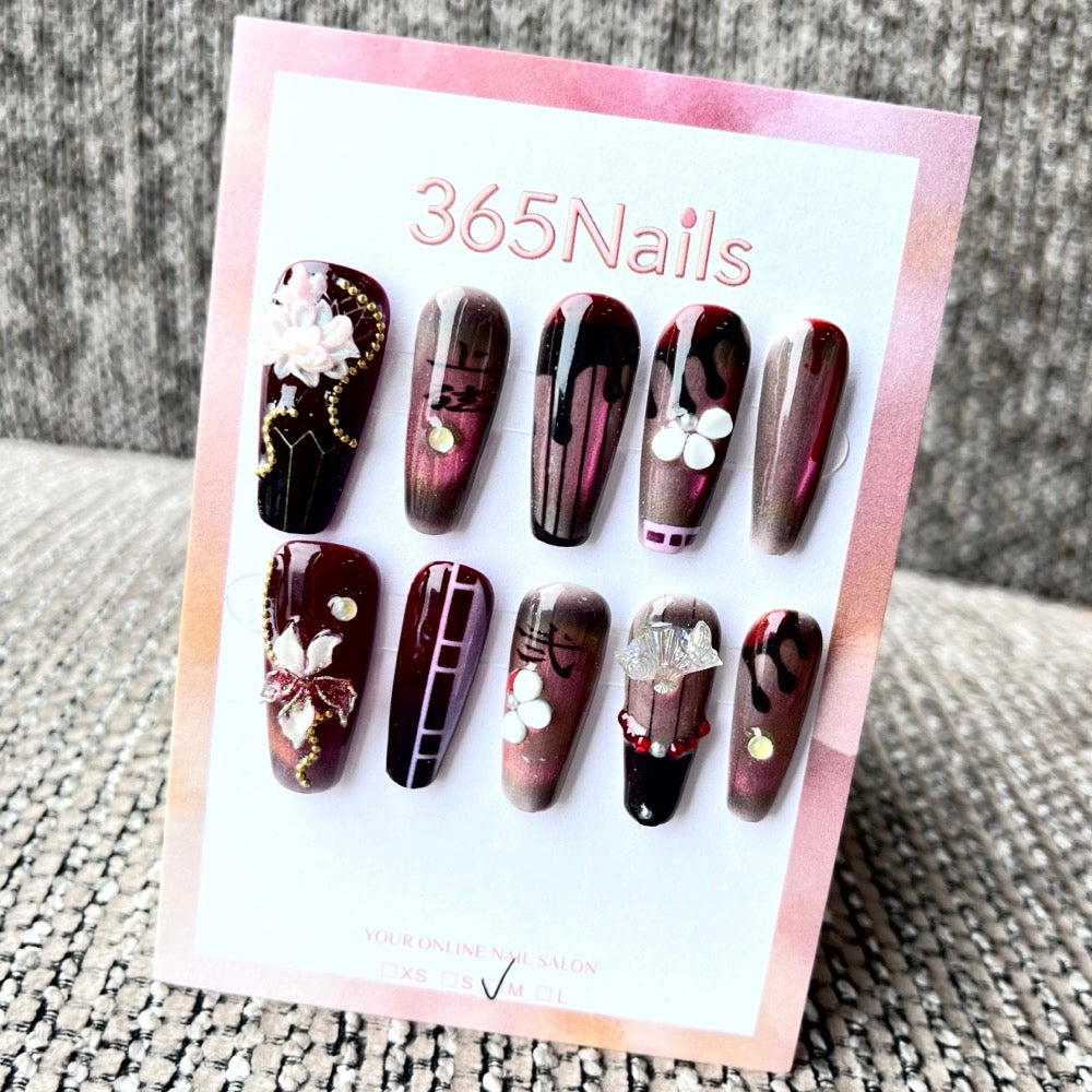 365nails: "Demon Slayer Muzan Kibutsuji Inspired" – Handmade Medium Trapezoid Press-On Nails