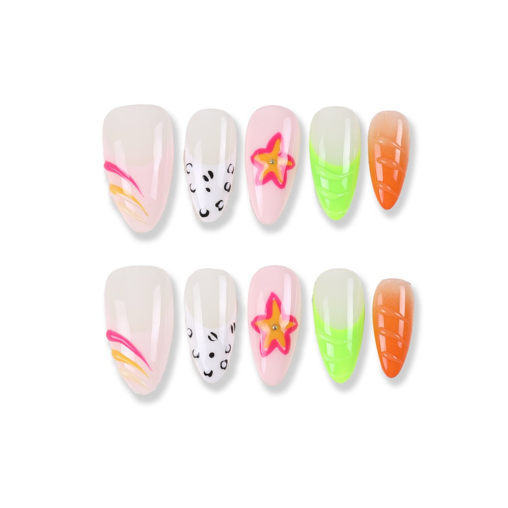 365Nails Tropical Smoothie Press-On Nails Neon French with Hand-Painted Leopard and Star Flower