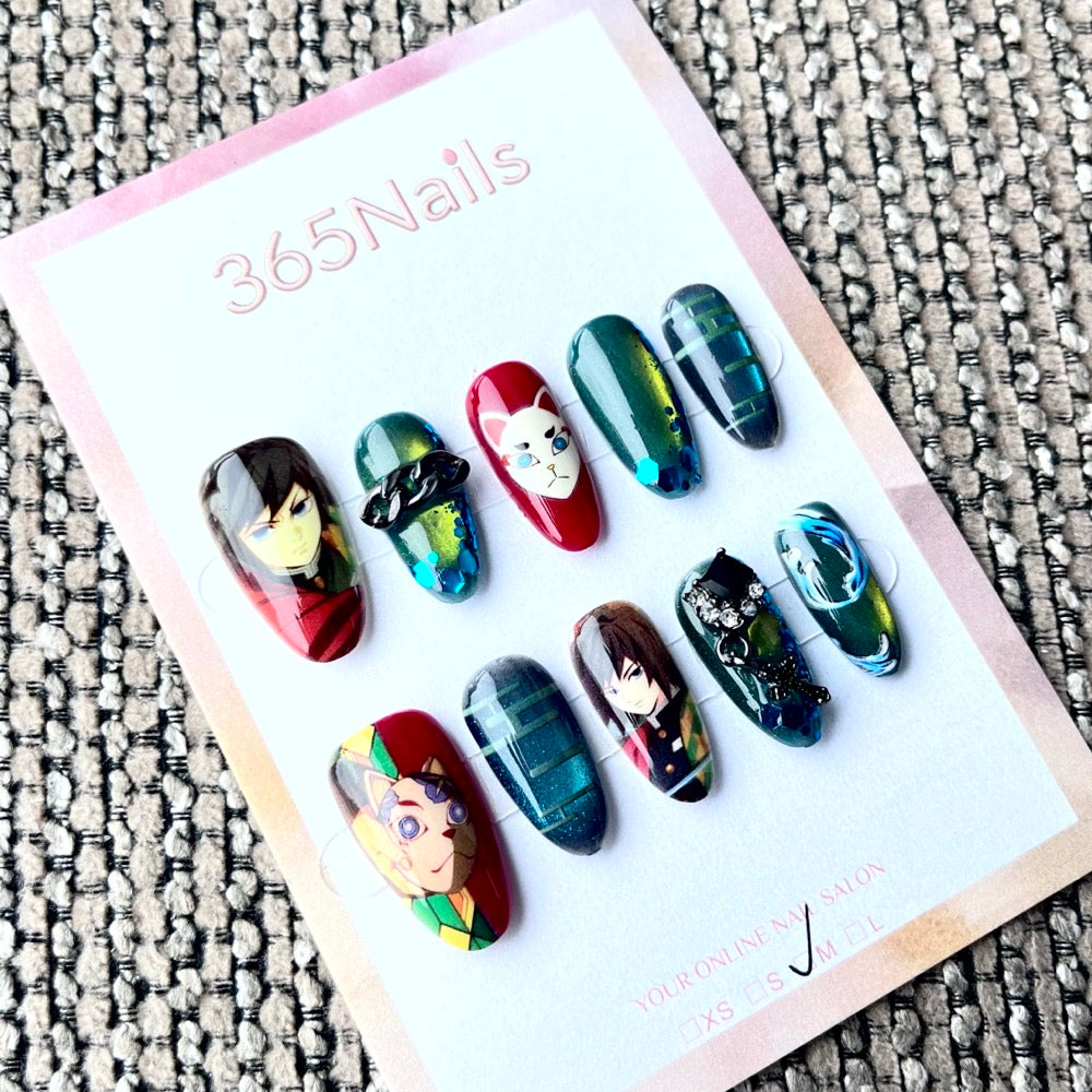 365nails: "Demon Slayer Giyu Tomioka" – Handmade Short Almond Press-On Nails
