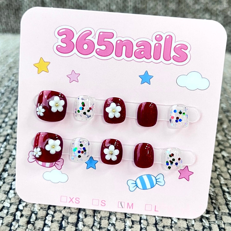 365nails: "Ruby Blossom" – 3D Floral Handmade Short Square Nails
