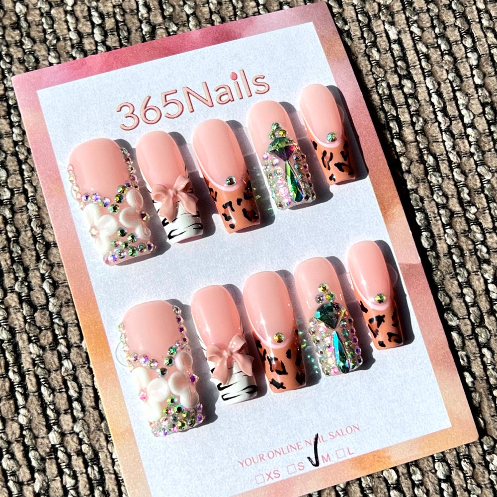 365nails: "Coquette Chic" – 3D Bow & Leopard Print Handmade Long Coffin Nails
