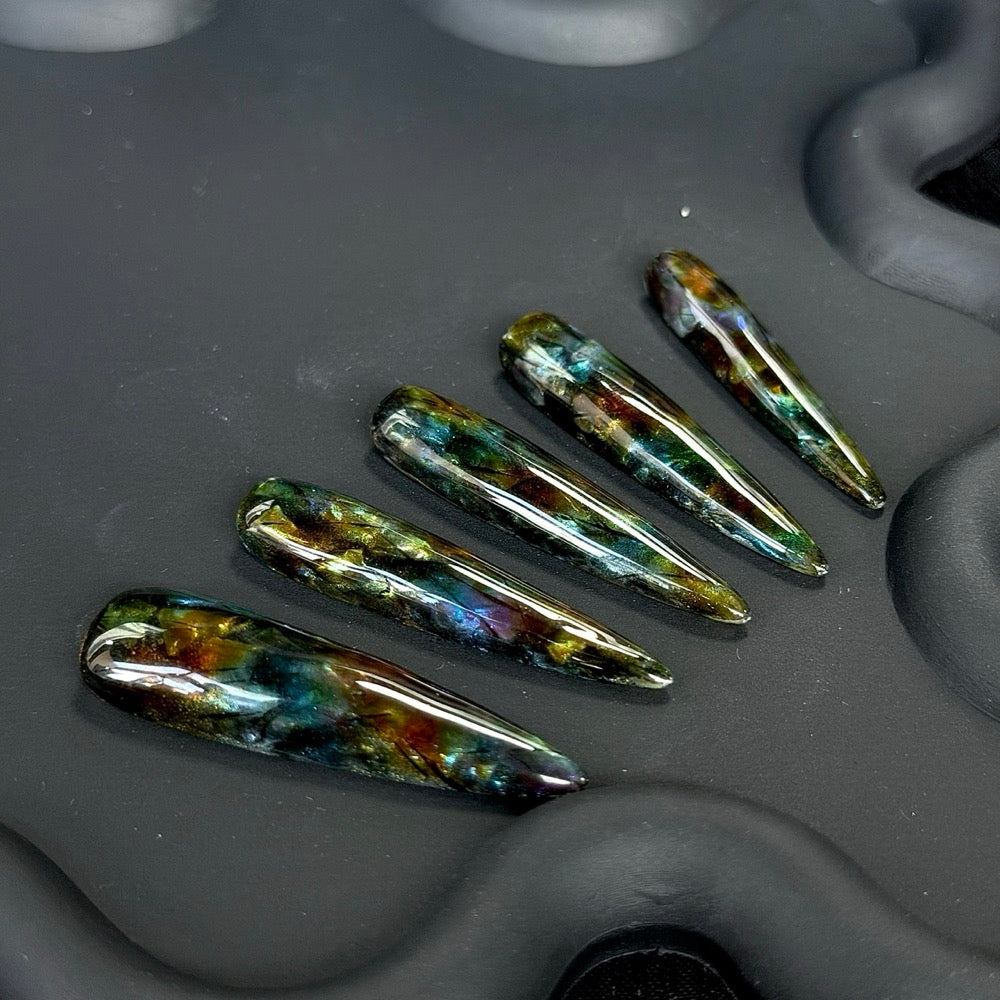 Handmade Long Stiletto Press-On Nails with Green and Brown Glass Design