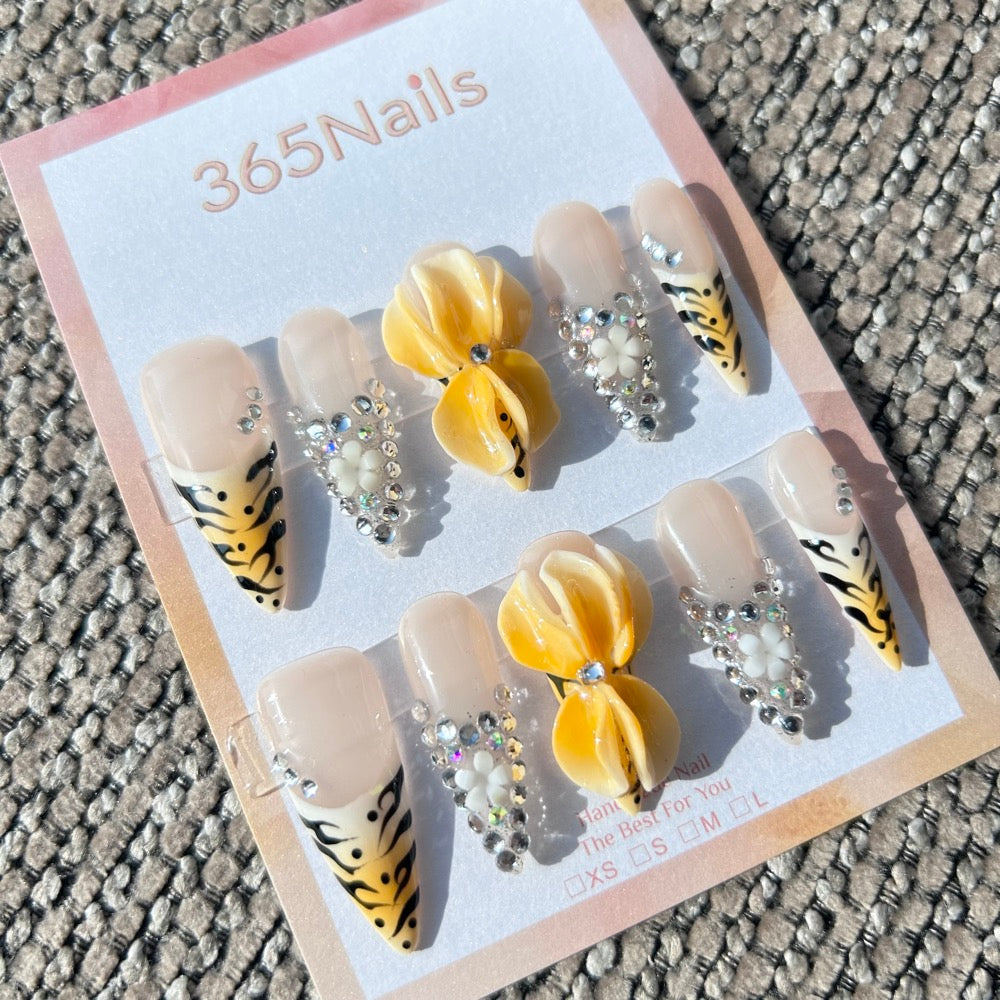Sculpted Flora: "Golden Tiger Lily" – 3D Yellow Orchid & Tiger Print French Tip Nails with Crystal Accents