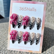 Sculpted Flora: "Velvet Bow Black" – 3D Magenta Bows & Crystal Accents on Black French Stiletto Nails