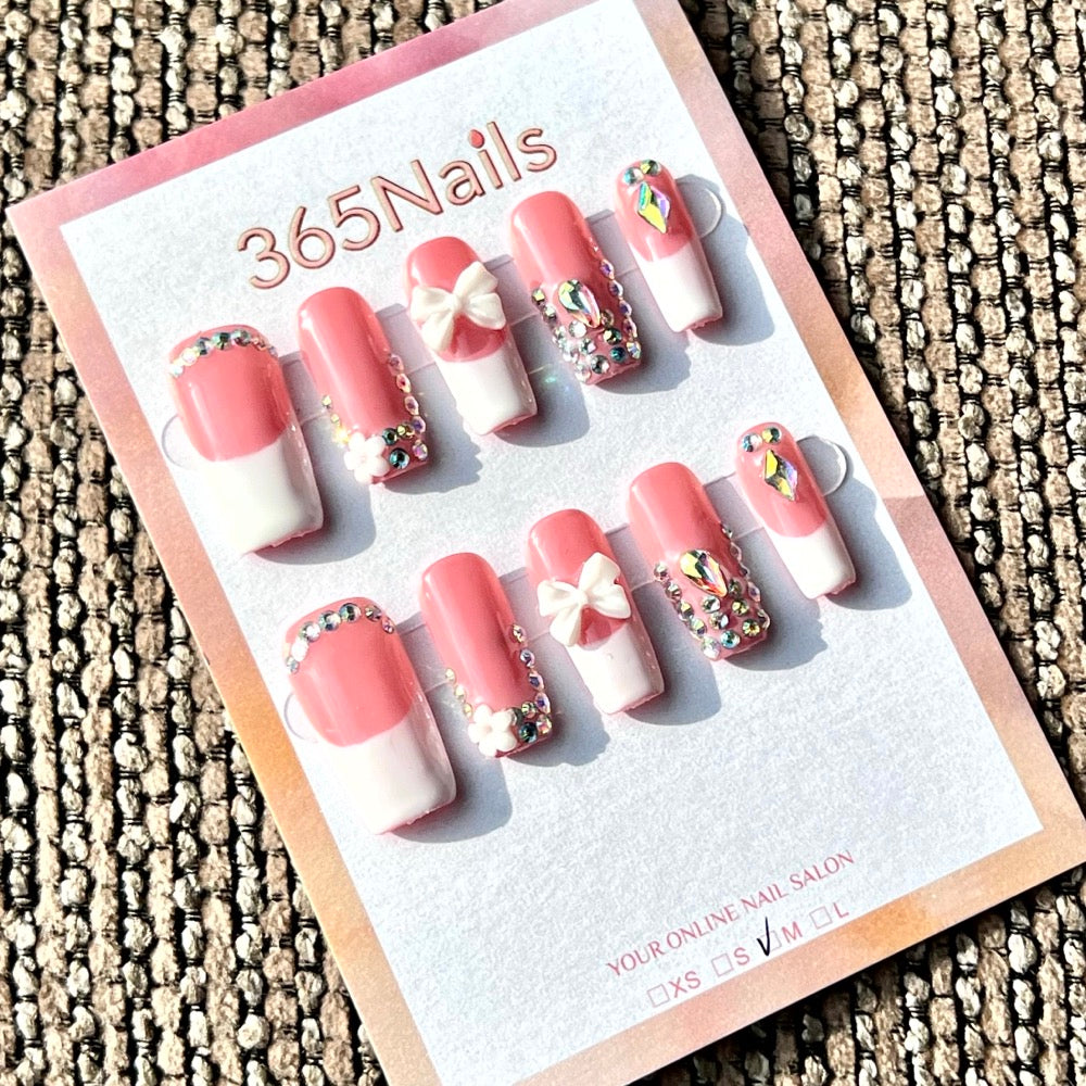 "Pink French Bow Crystal" - Wholesale Ultra-Soft Flexible Fit Handmade Nails (MOQ=100)