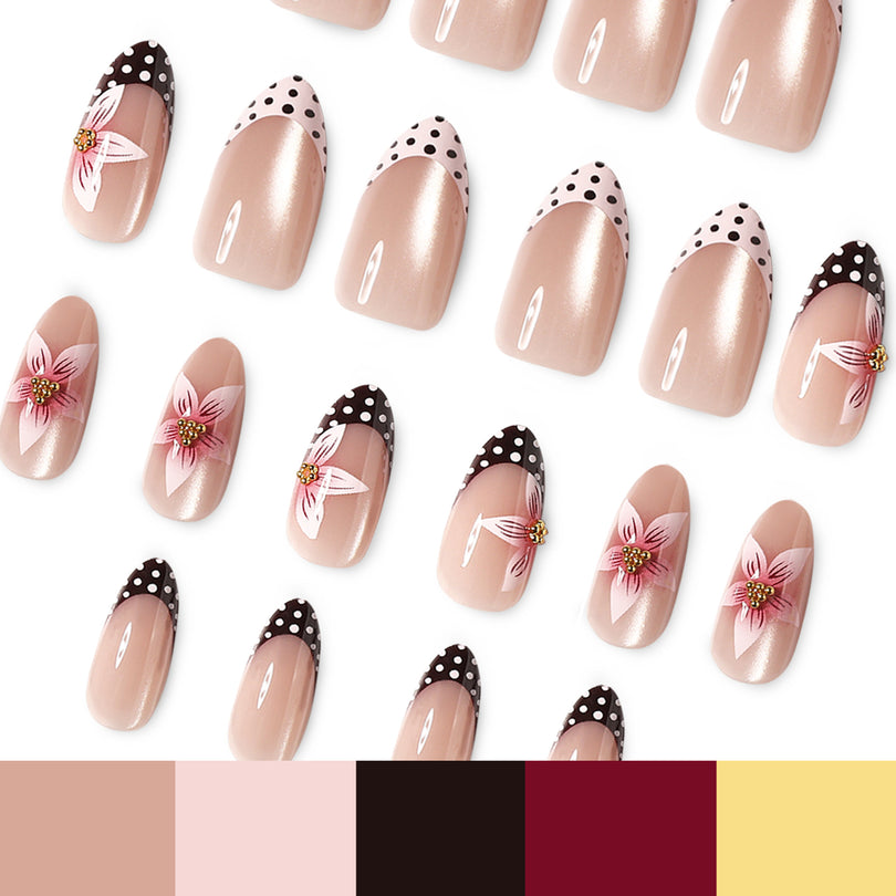 Scattered almond nails with floral designs beside a color palette strip