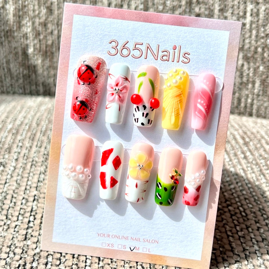 365nails: "Fruity Garden Picnic" – Handmade Medium Square Press-On Nails