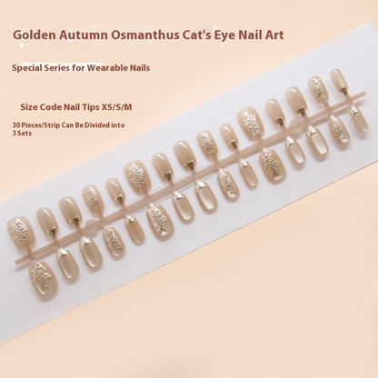 Pontas de unha pré-fabricadas, lindas unhas de pressão, outono dourado, osmanthus, perseguindo luz, olho de gato, unha tridimensional, remendo de unha curto em T ｜365nails