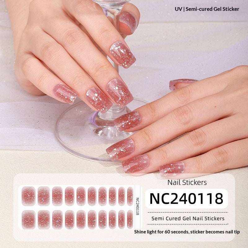 Semi-Cured Gel Nail Strips French Glitter Pink Sparkle Glossy Set (MOQ=3)