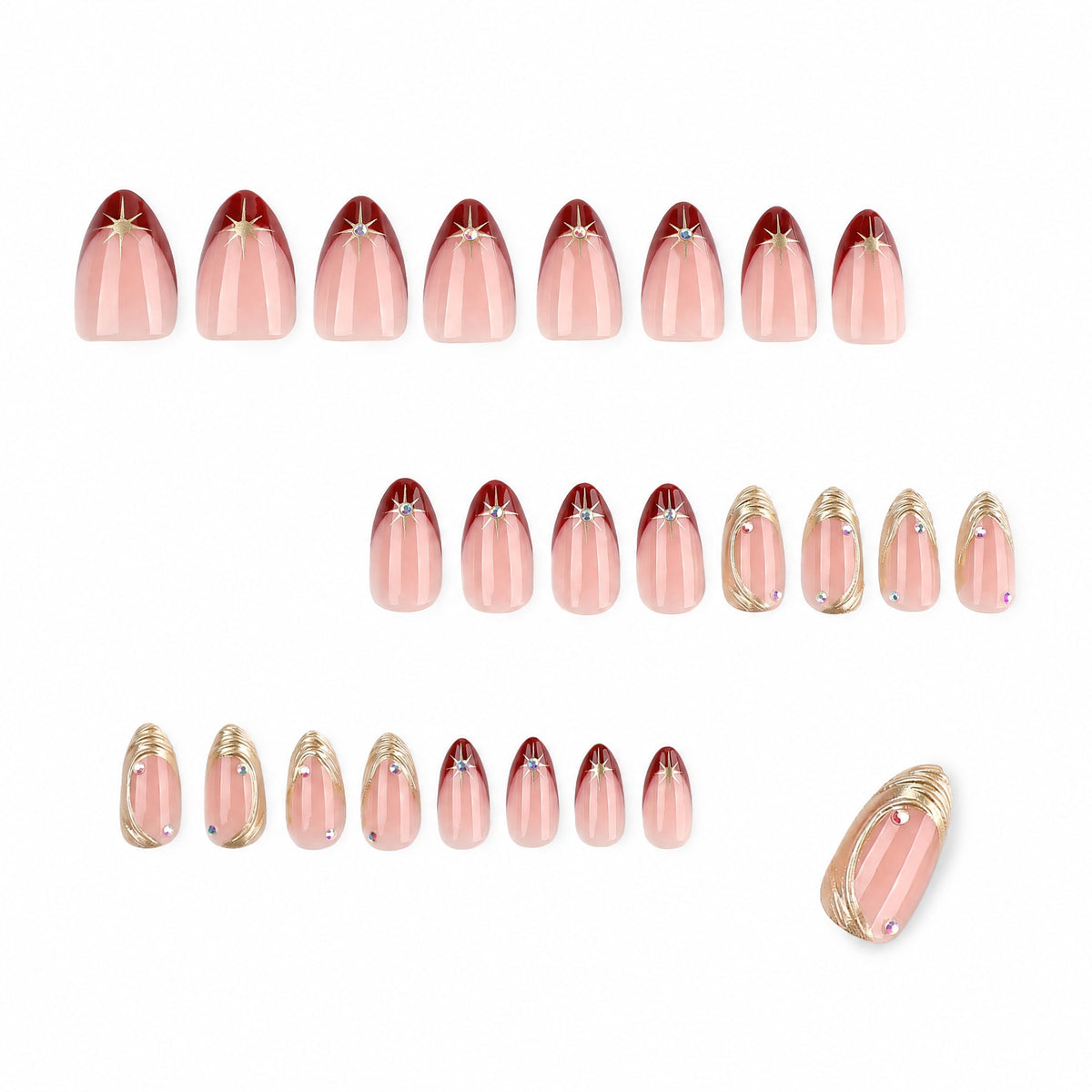 Set of 24 almond press-on nails in nude pink, burgundy, and gold designs.