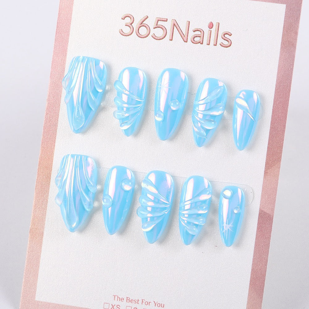 365Nails Glacier Blue Shell-Texture Press-On Nails Pearly Cat-Eye Jelly Gloss