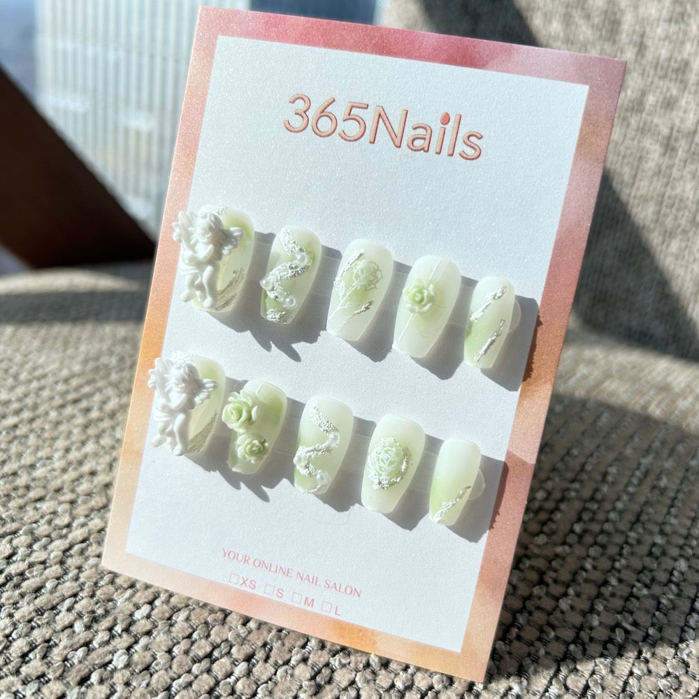 Sweet & Dopamine: "Sage Angel's Garden" – Milky Green Ombre, 3D Cupid Relief, Sculpted Rose, Pearl & Silver Texture Press-on Nails