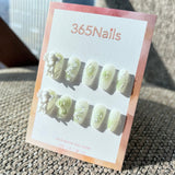 Sweet & Dopamine: "Sage Angel's Garden" – Milky Green Ombre, 3D Cupid Relief, Sculpted Rose, Pearl & Silver Texture Press-on Nails