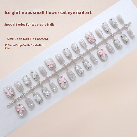 Nail Tips  prefabricated nail gentle ice waxy spring flower cat eye pearl  ins wind removable press on nails 30 pieces｜365nails