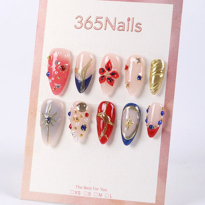 365nails nude base mix with blue-red-gold stars & gems almond press-ons