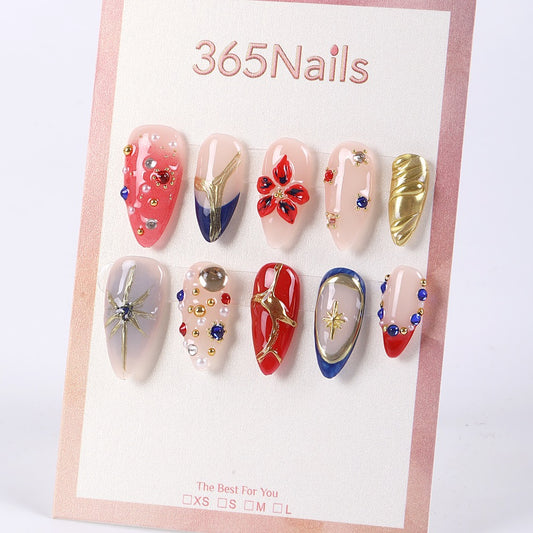 365nails nude base mix with blue-red-gold stars & gems almond press-ons
