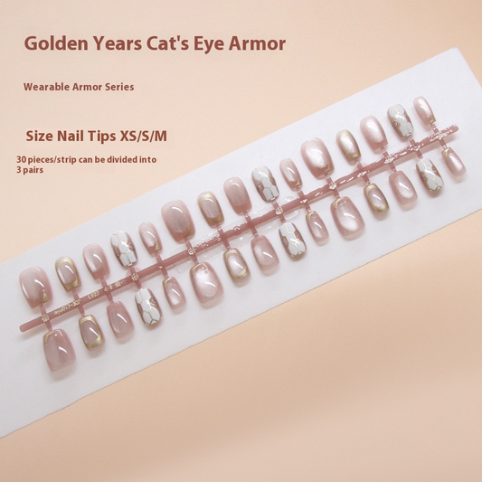 Nail Tips  prefabricated nail, gold line press on nails, light pink, sweet cat eye removable nail piece, short nail ｜365nails