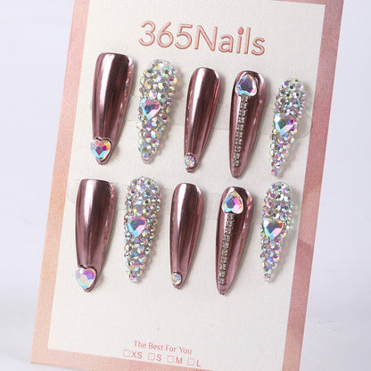 365nails rose-gold chrome with heart rhinestones luxury long press-ons
