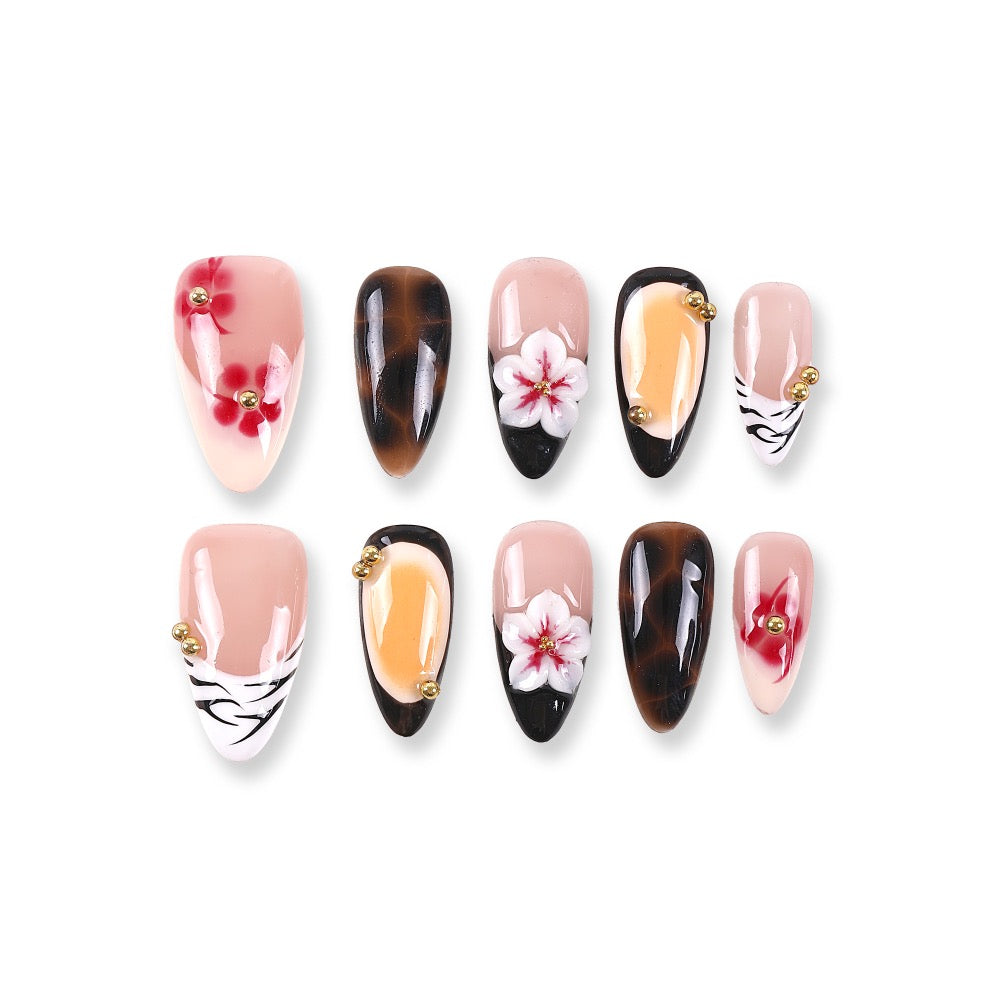 365Nails Nude Amber Tortoiseshell French with Sakura Accents Press-On Nails