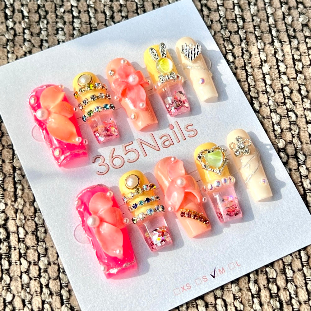 365nails: "Peach Orchid Bunny" – Handmade Liquid Motion Press-On Medium Square Nails-3cm