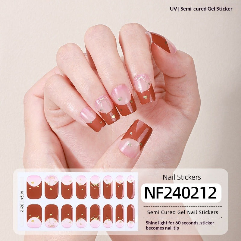 Semi-Cured Gel Nail Strips French Gradient Glitter Bow Glossy Design (MOQ=3)