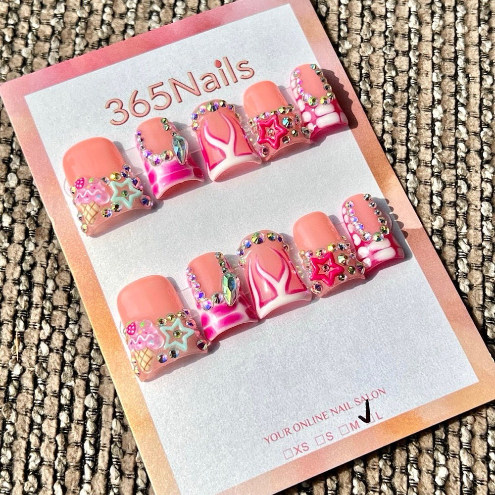 365nails: "Pink Ice Cream Star Rhinestone Short" – Handmade Short Trapezoid Press-On Nails