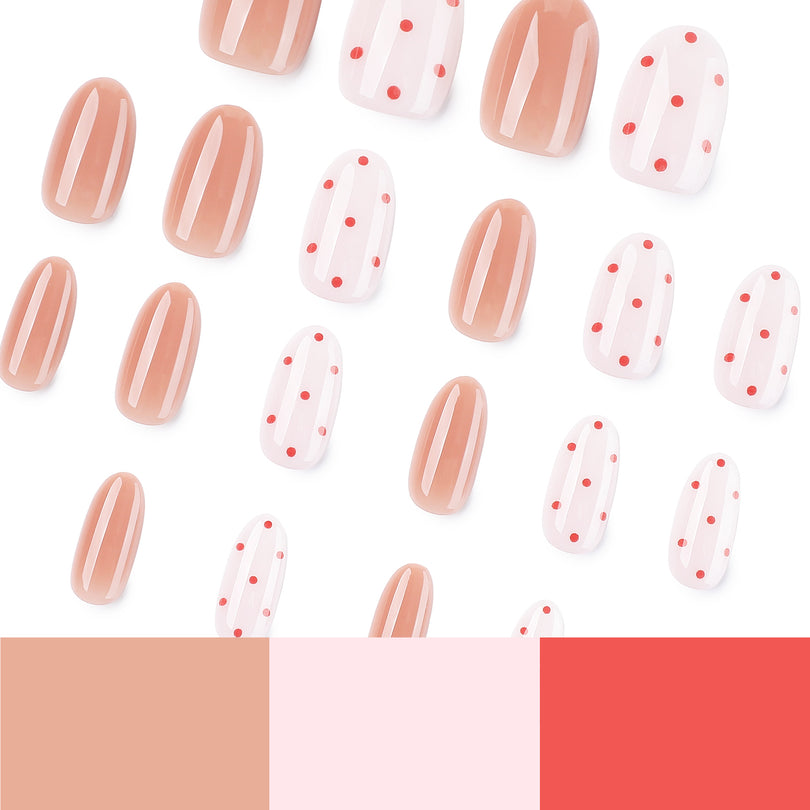 Many short round press-on nails arranged with a three-color palette