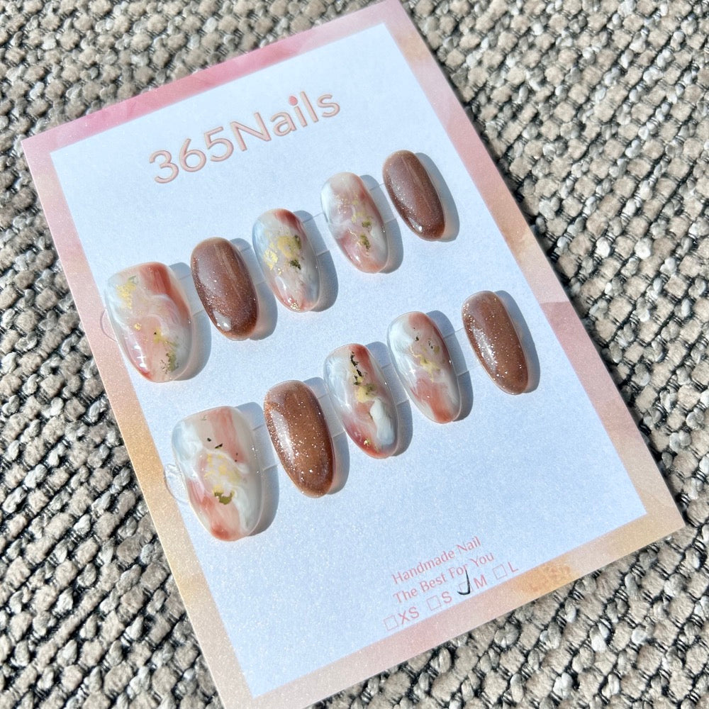 Ethereal Ink: "Amber Latte Swirl" – Bronze Brown Cat Eye & Milky Amber Marble with Gold Foil Oval Nails