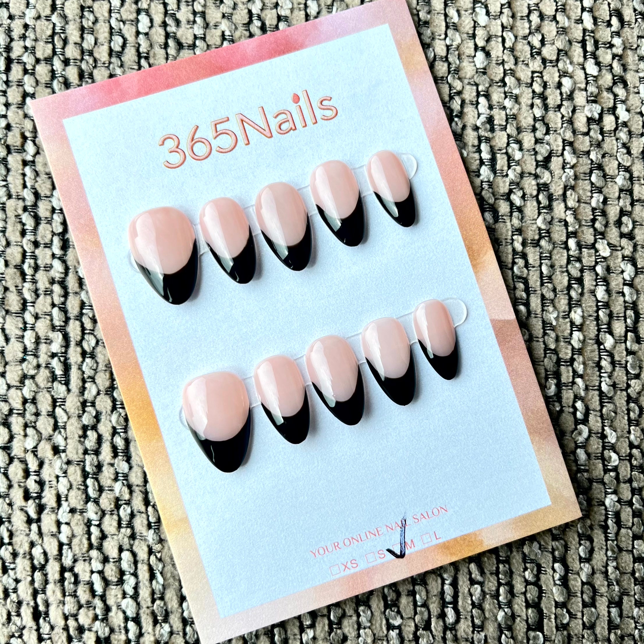 365nails: "Classic Noir French" – Black French & Sheer Nude Handmade Almond Nails