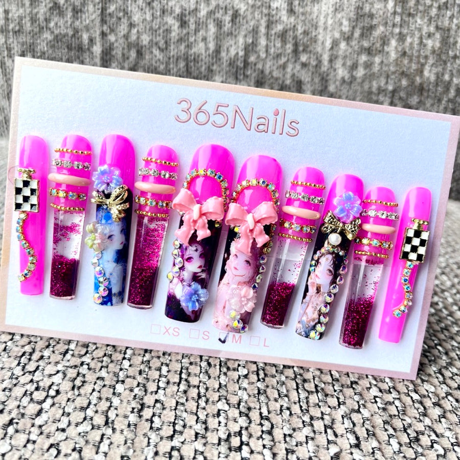 365nails 네온 Y2K 3D 리본 & 피규어 수제 코핀형 네일 5.5cm