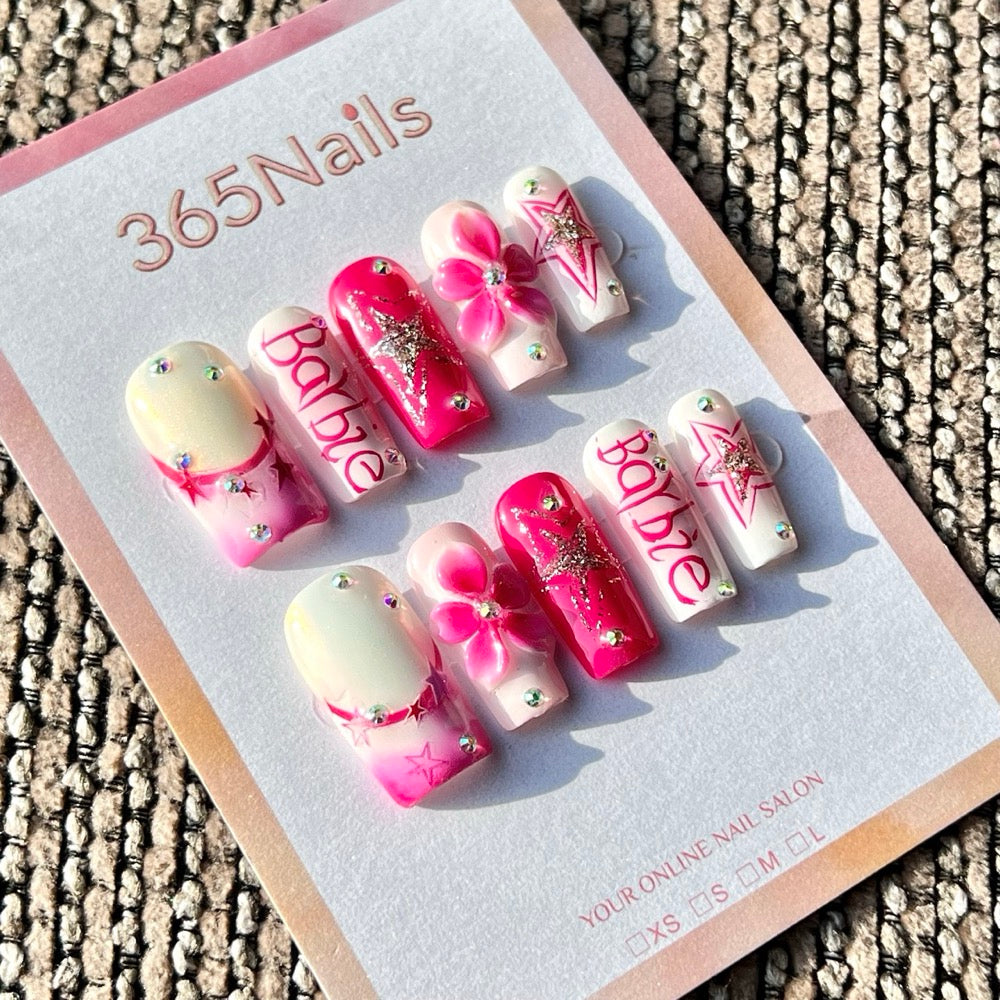 365nails: "Barbie Pink Star" – Handmade Medium Square Press-On Nails