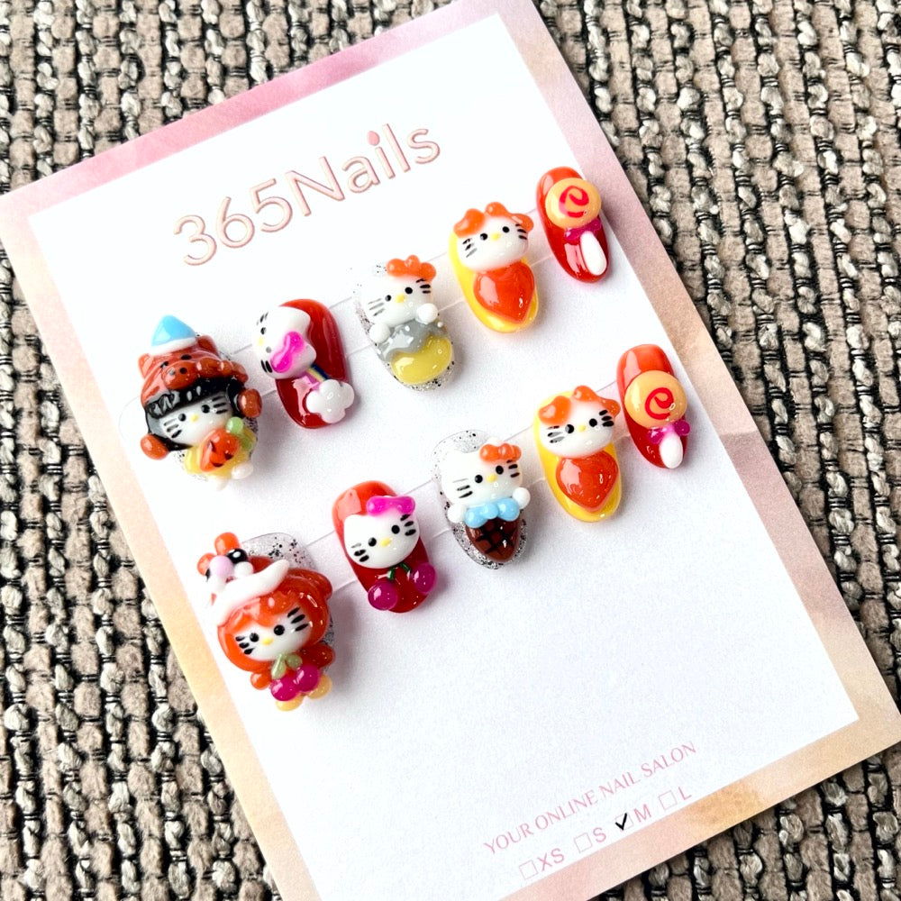 365nails: "Kitty's Autumn Picnic" – 3D Character & Fox Handmade Short Square Nails