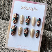 Elegant Purple & Gold Floral Press-On Nails with 3D Charms