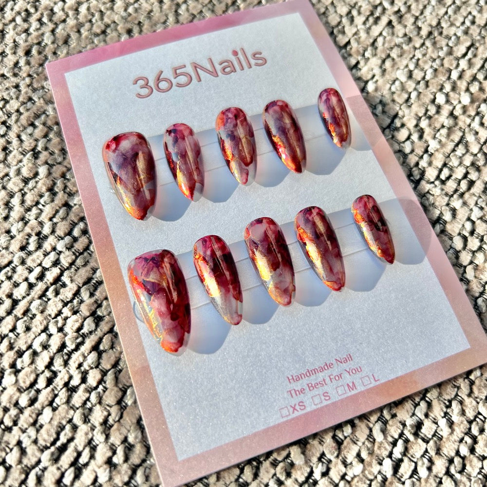 Vintage Burgundy & Gilded Agate Wine Red Abstract Marble Nails ｜ Handmade Smudge Series(moq=30)