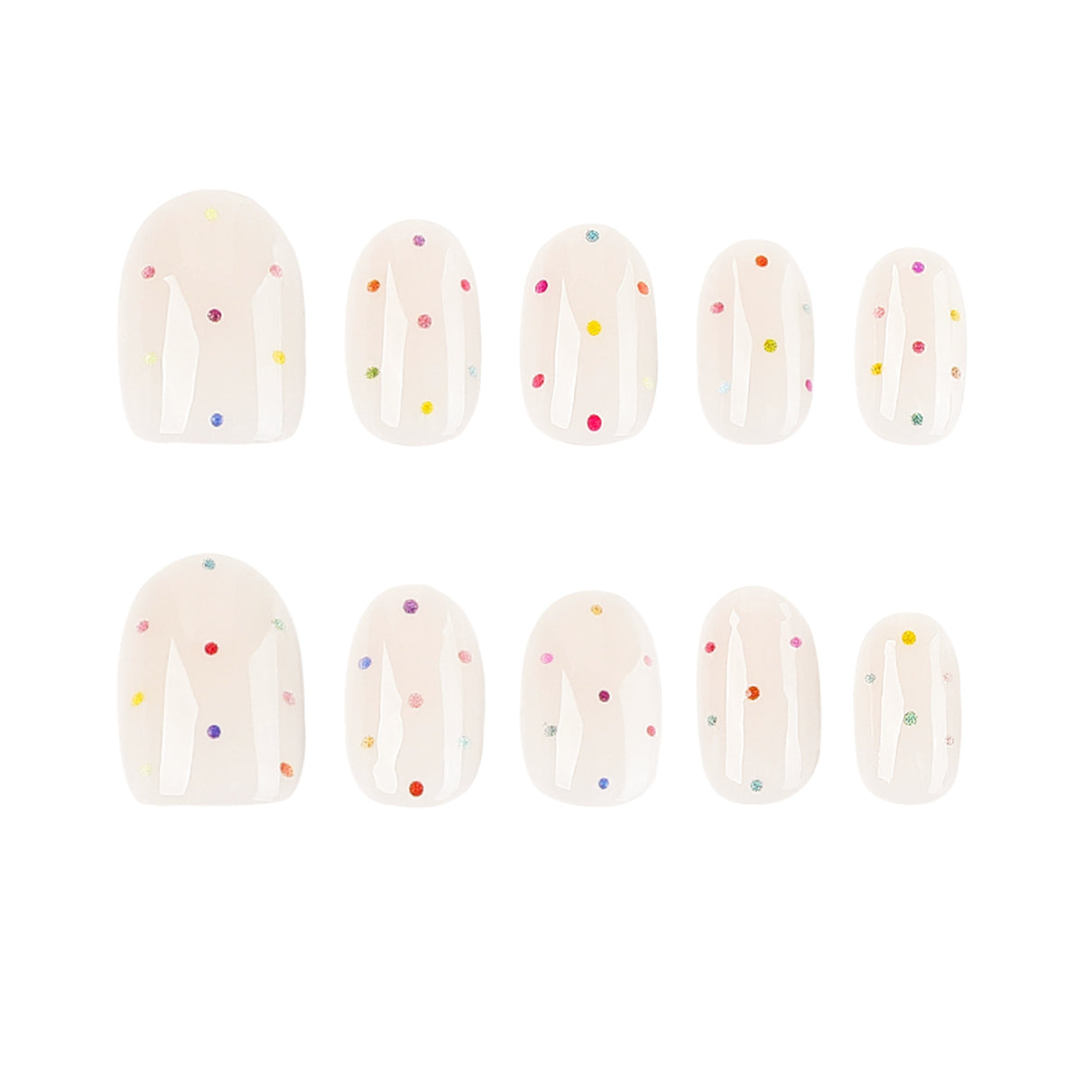 Two rows of short round press-on nails with colorful polka dots on a sheer base.