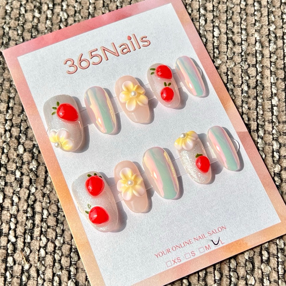 365nails: "Aurora Strawberry Flower Mix" – 3D Fruit & Flower Handmade Medium Oval Press-On Nails