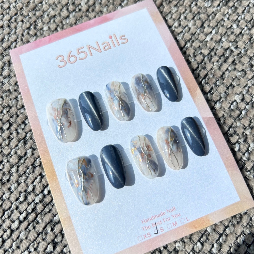 Ethereal Ink: "Slate Marble Flow" – Slate Blue Cat Eye & Milky Ink Marble with 3D Silver Lines Almond Nails