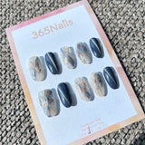 Ethereal Ink: "Slate Marble Flow" – Slate Blue Cat Eye & Milky Ink Marble with 3D Silver Lines Almond Nails