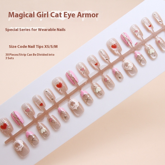 Nail Tips  prefabricated nail press on nails Sweet removable cat eye pink peach heart nail piece Short T nail patch ｜365nails