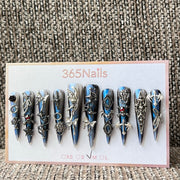 365nails: "Gothic Blue Silver Skull Cross Snake" – handmade press-on nails