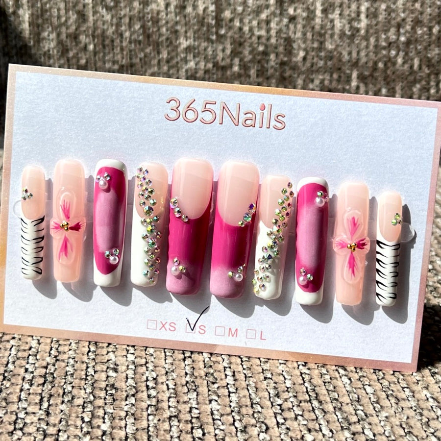365nails: "Crimson Petal" – 3D Floral & Rhinestone Handmade Almond Nails