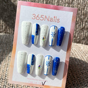 365nails: "Royal Starlight" – Blue Geometric Hand-Painted Handmade Press on Nails Long Almond Nails