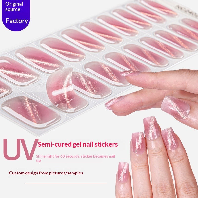 Semi-Cured Gel Nail Strips Sparkle Diagonal Cat Eye Glossy Design (MOQ=3)