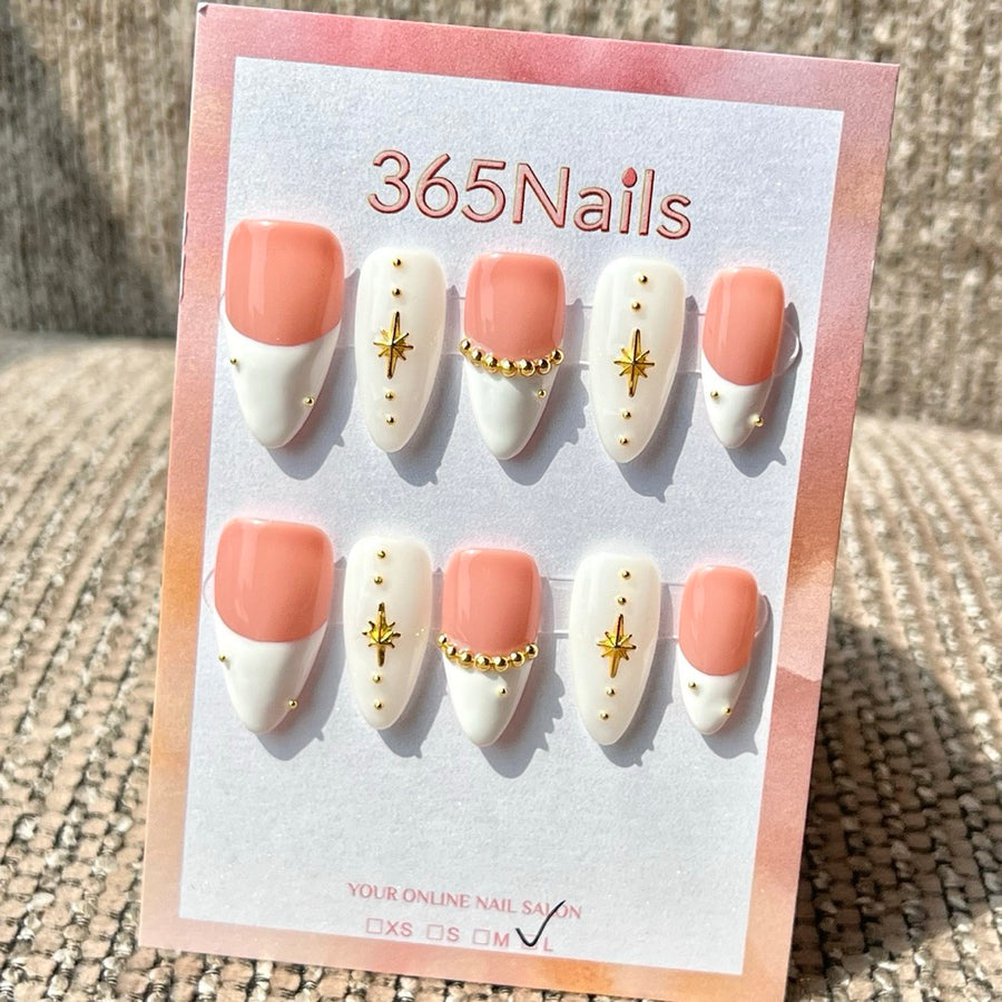 365nails 수제 골든 스타 프렌치 미디엄 스틸레토형 프레스온 네일