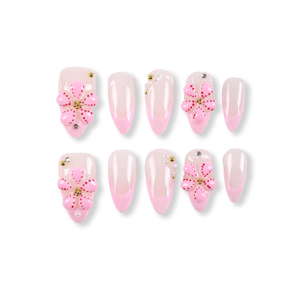 365Nails Sheer Pink Jelly French with 3D Blossom Accents and Pearl Rhinestones – Sweet Medium Almond Press-On Nails