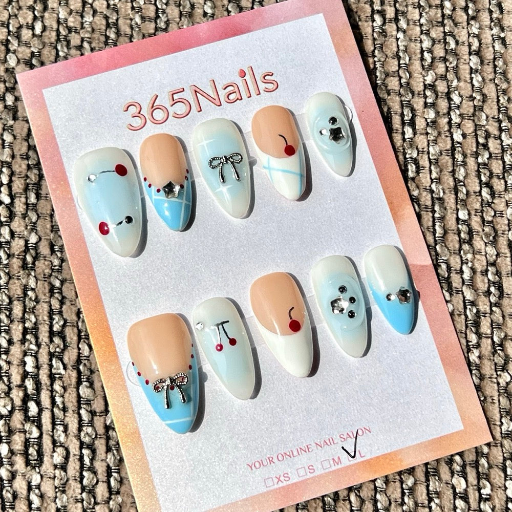 365nails 체리 리본 체크 수제 3D 리본 장식 미디엄 스틸레토형 프레스온 네일