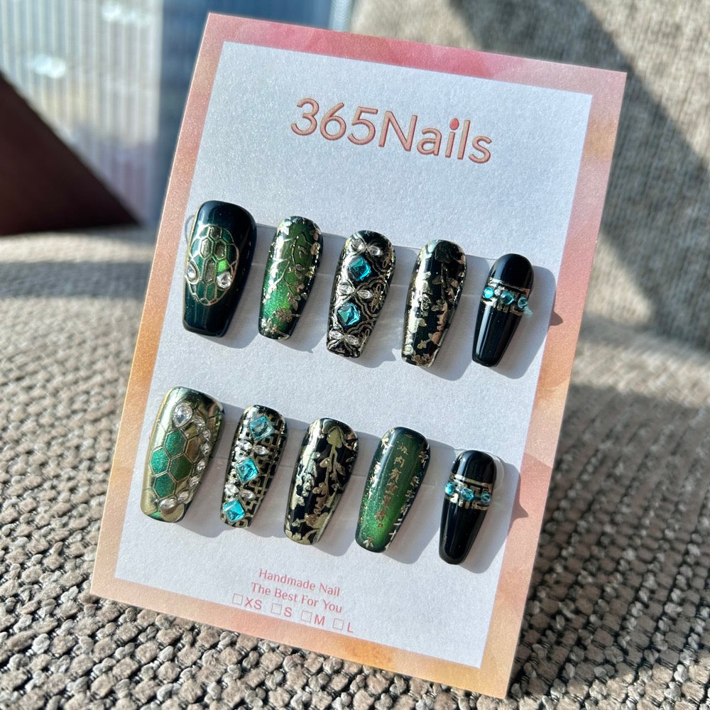 The Gilded Serpent: "Jade Empress" – Dark Teal & Gold Chinoiserie Press-On Nails with Vintage Floral Relief & Kanji Art