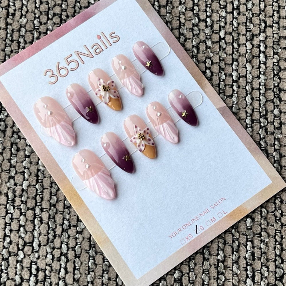 Elegant Ombre Floral 3D Charm Press-On Nails