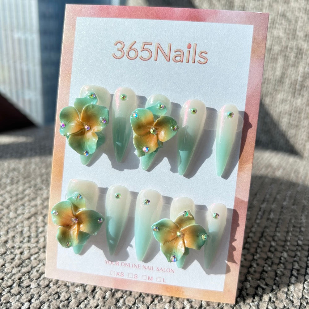 Sculpted Flora: "Vintage Mint Amber" – 3D Green & Brown Ombre Flower with Aurora Shimmer Stiletto Nails