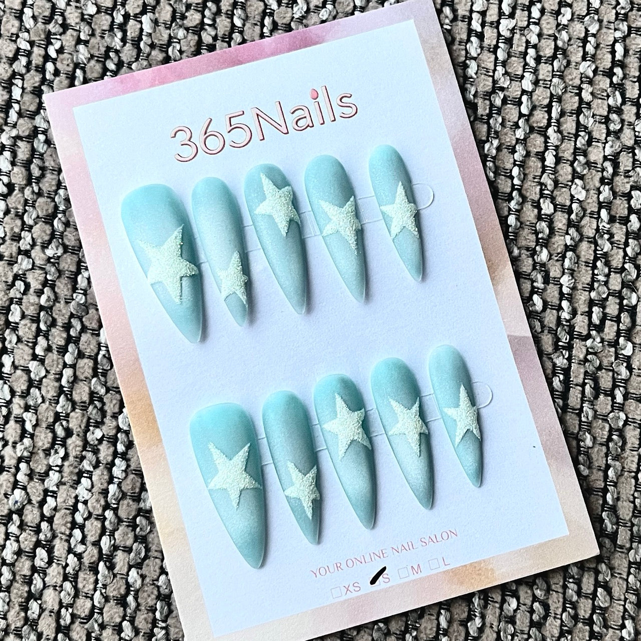 Light Blue Matte Almond Press-On Nails with White 3D Stars